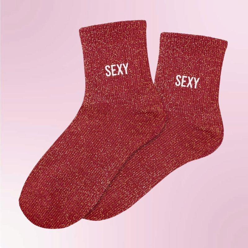 Chaussettes paillettes rouges avec inscription "Sexy", pour femmes