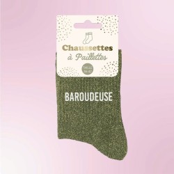 Chaussettes paillettes kaki pour femmes avec message "Baroudeuse"