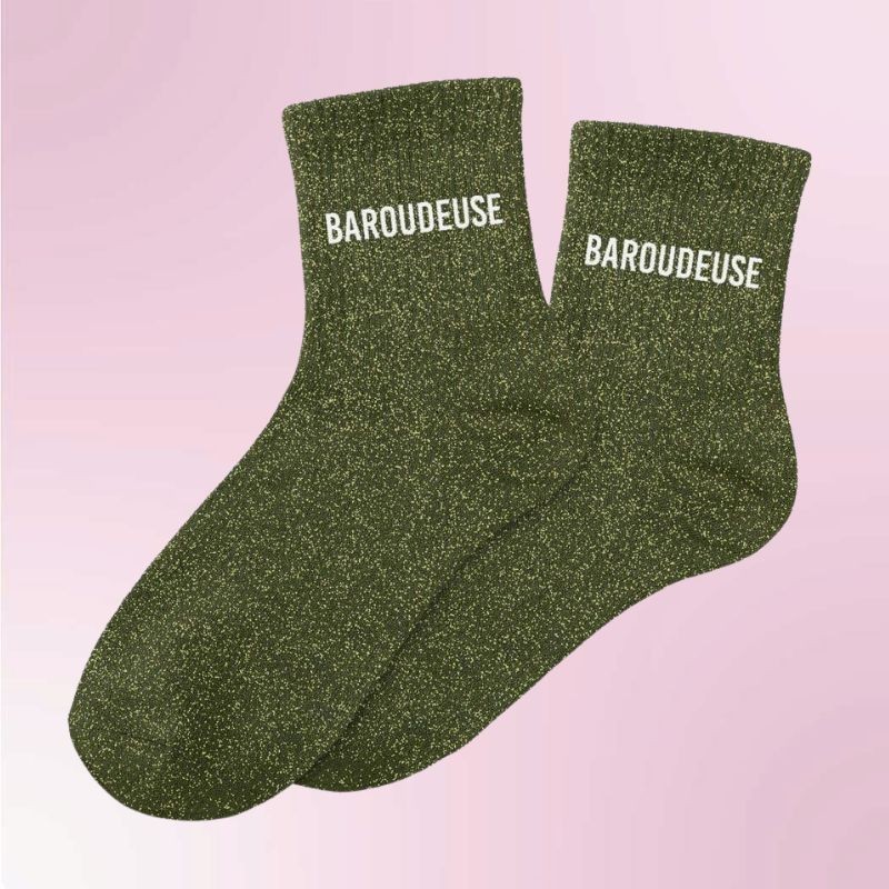 Chaussettes paillettes kaki pour femmes avec message "Baroudeuse"