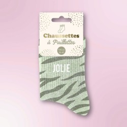 Chaussettes paillettes vertes zébrées pour femmes, inscription "Jolie"