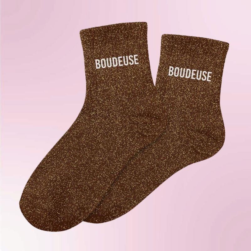 Chaussettes paillettes marron pour femmes avec message "Boudeuse"