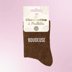 Chaussettes paillettes marron pour femmes avec message "Boudeuse"