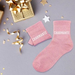 Chaussettes paillettes beiges femme avec message "Charmante"