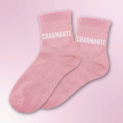 Chaussettes paillettes beiges femme avec message "Charmante"