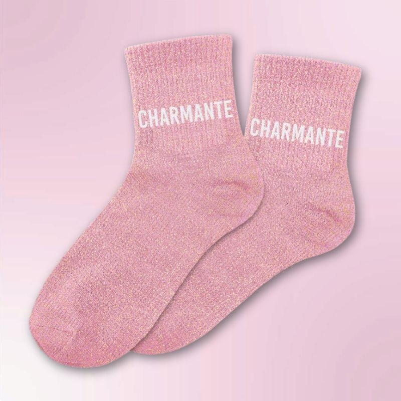 Chaussettes paillettes beiges femme avec message "Charmante"