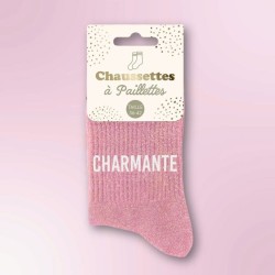 Chaussettes paillettes beiges femme avec message "Charmante"