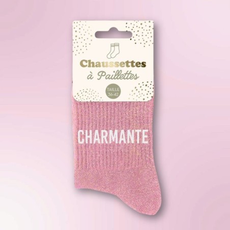 Chaussettes paillettes beiges femme avec message "Charmante"