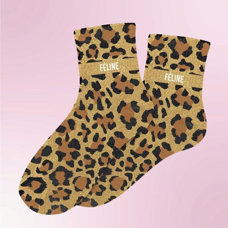 Chaussettes à paillettes léopard avec message "Féline" - Femmes