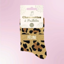 Chaussettes à paillettes léopard avec message "Féline" - Femmes