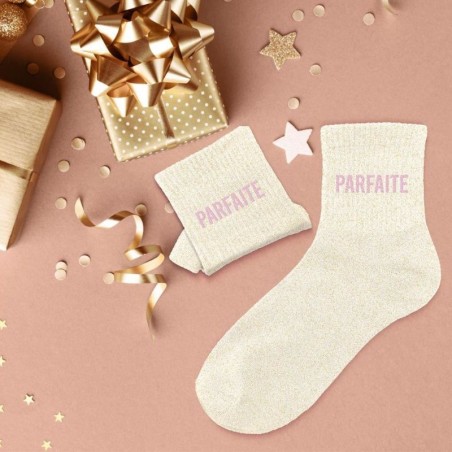 Chaussettes à paillettes beiges avec message "Parfaite" - Femmes