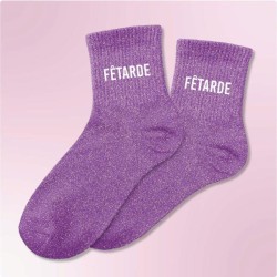 Chaussettes paillettes femme avec message marrant "Fêtarde"