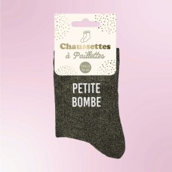 Chaussettes à paillettes grises avec message "Petite Bombe" - Femmes