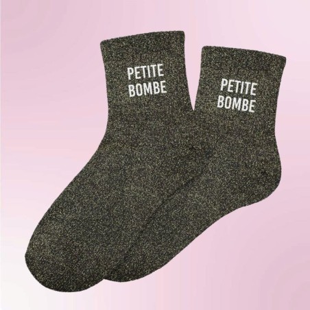 Chaussettes à paillettes grises avec message "Petite Bombe" - Femmes