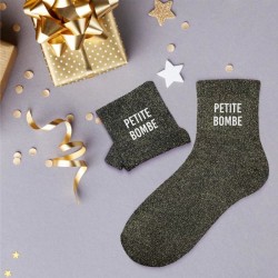 Chaussettes à paillettes grises avec message "Petite Bombe" - Femmes