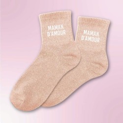 Chaussettes à paillettes couleur pêche message "Maman d'Amour"
