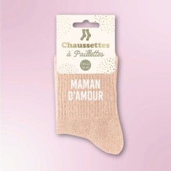 Chaussettes à paillettes couleur pêche message "Maman d'Amour"