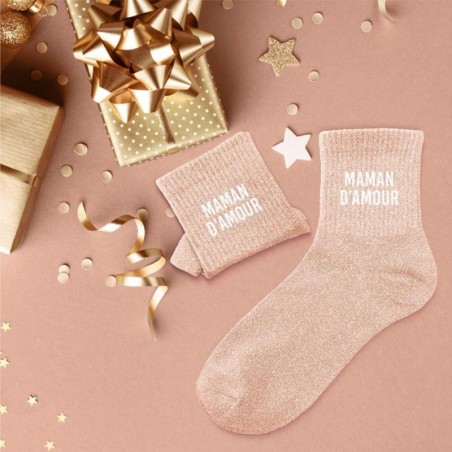 Chaussettes à paillettes couleur pêche message "Maman d'Amour"
