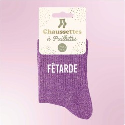 Chaussettes paillettes femme avec message marrant "Fêtarde"