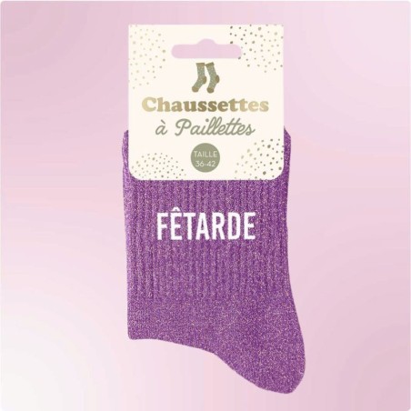 Chaussettes paillettes femme avec message marrant "Fêtarde"