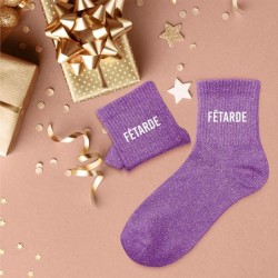 Chaussettes paillettes femme avec message marrant "Fêtarde"