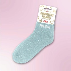 Chaussettes polaires à paillettes bleu ciel message "Frileuse"