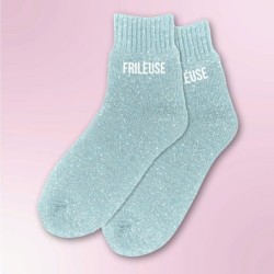 Chaussettes polaires à paillettes bleu ciel message "Frileuse"