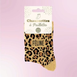 Chaussettes à paillettes léopard avec message "Féline" - Femmes