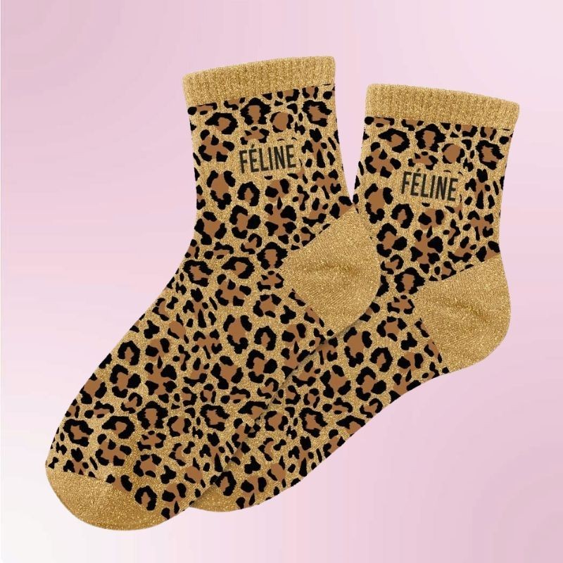 Chaussettes à paillettes léopard avec message "Féline" - Femmes