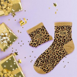 Chaussettes à paillettes léopard avec message "Féline" - Femmes