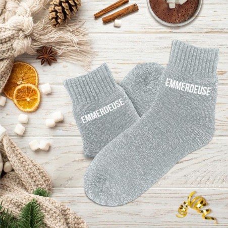 Chaussettes polaires grises à paillettes inscription Emmerdeuse - Femmes
