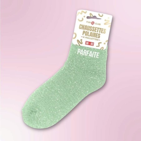 Chaussettes polaires vertes à paillettes inscription Parfaite - Femmes