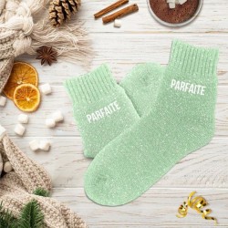 Chaussettes polaires vertes à paillettes inscription Parfaite - Femmes
