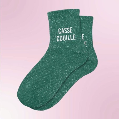 Chaussettes vertes à paillettes avec inscription "Casse couille"