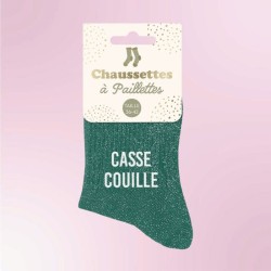 Chaussettes vertes à paillettes avec inscription "Casse couille"