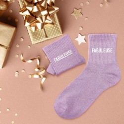 Chaussettes paillettes lila avec message "Fabuleuse" pour femmes