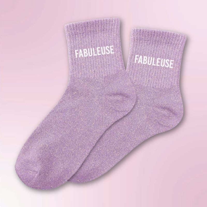 Chaussettes paillettes lila avec message "Fabuleuse" pour femmes