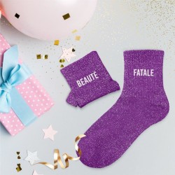 Chaussettes paillettes violettes au message "Beauté Fatale" - Femmes