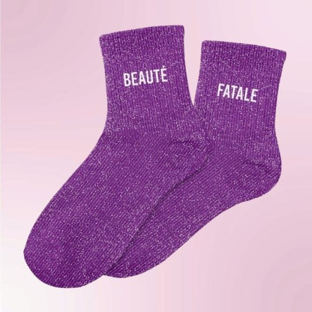 Chaussettes paillettes violettes au message "Beauté Fatale" - Femmes