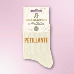 Chaussettes paillettes beiges femme avec message "Pétillante"