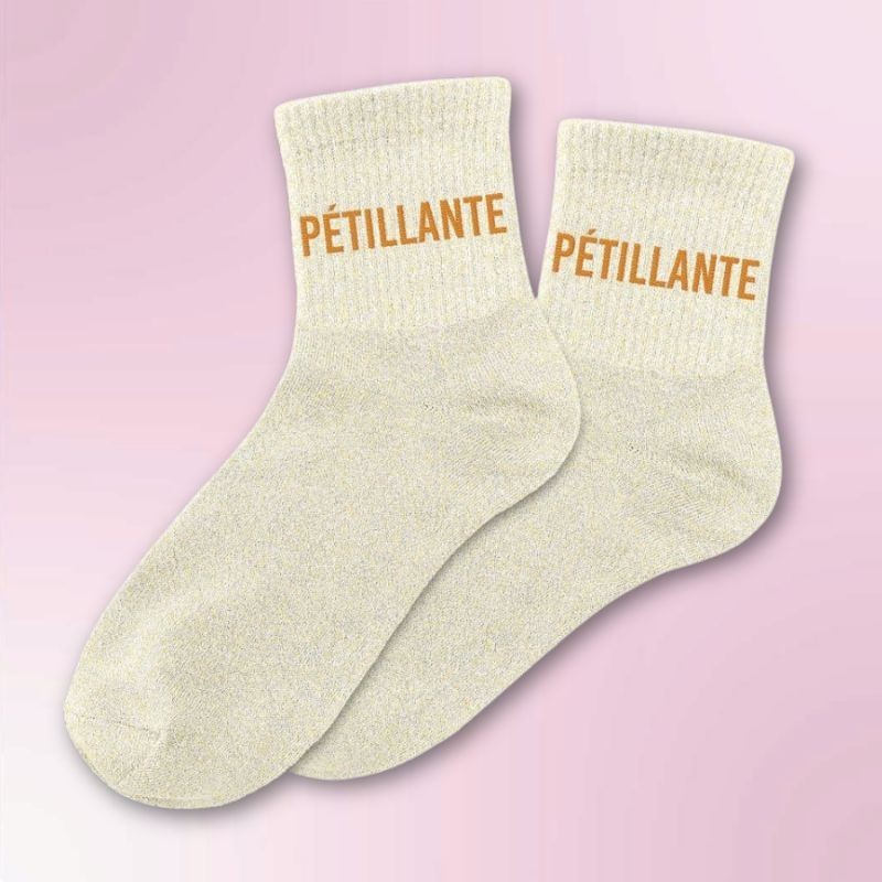 Chaussettes paillettes beiges femme avec message "Pétillante"