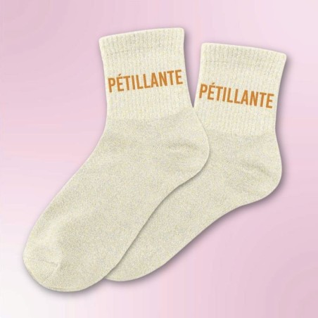 Chaussettes paillettes beiges femme avec message "Pétillante"
