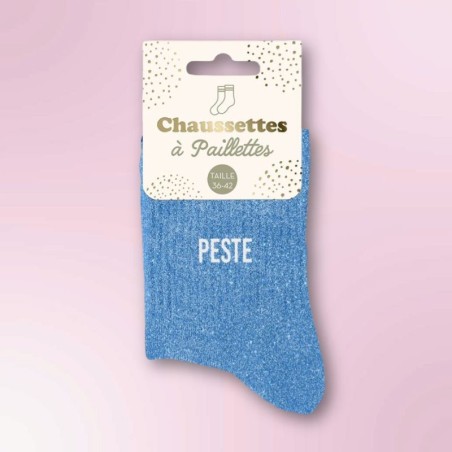 Chaussettes paillettes bleues pour femme avec message "Peste"