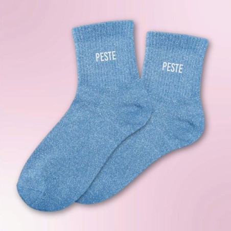Chaussettes paillettes bleues pour femme avec message "Peste"
