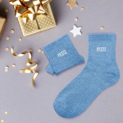 Chaussettes paillettes bleues pour femme avec message "Peste"