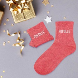 Chaussettes paillettes rouges pour femmes, inscription "Fofolle"