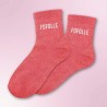Chaussettes paillettes rouges pour femmes, inscription "Fofolle"