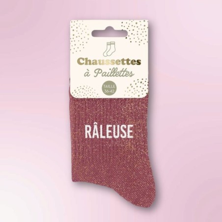 Chaussettes paillettes vieux rose inscription "Râleuse" - Femmes