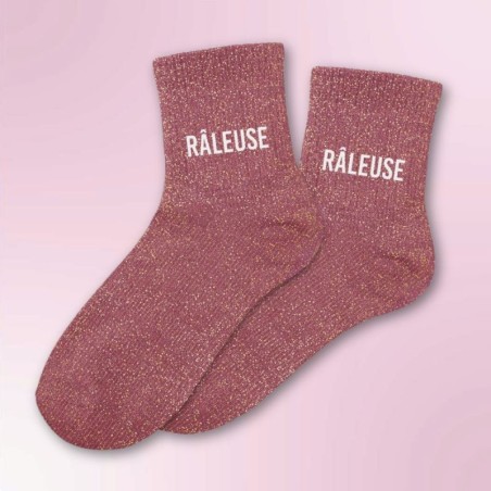 Chaussettes paillettes vieux rose inscription "Râleuse" - Femmes