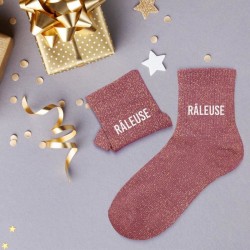 Chaussettes paillettes vieux rose inscription "Râleuse" - Femmes