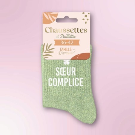Chaussettes paillettes vertes avec message "Soeur complice" pour femmes